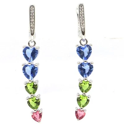 Brincos de prata tanzanita violeta peridoto verde turmalina rosa multicolorido - Imagem 1 de 3