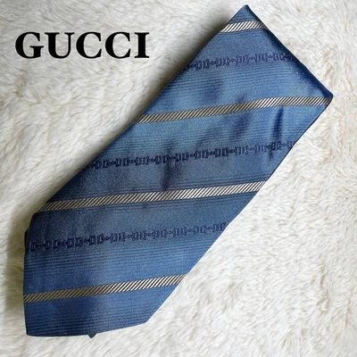GUCCI Tie 100% Silk Logo Blue Striped Links Made In Italy - Image 1 of 4