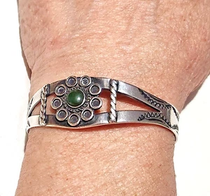 Brazalete Brazalete Turquesa Verde Estampado Navajo Plata Moneda Era Fred Harvey - Imagen 1 de 16