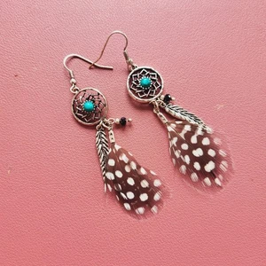Silver tone drop dangle turquoise feather earrings hook pierced pre-owned 8cm - Picture 1 of 2