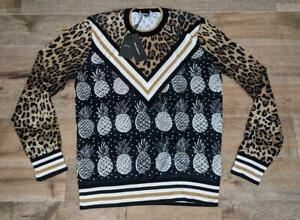 $ 1450 Dolce Gabbana Leopard Detail Seide Rundhalsausschnitt Pullover für Herren 50 US Medium