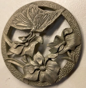Vintage Pewter Potpourri Candle Jar Lid only 2 3/8" dia Butterfly Flowers - Picture 1 of 7