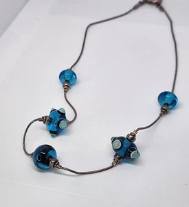 VTG .925 Sterling Silver VENETIAN BLUE LAMPWORK Art Glass Bead Necklace - Picture 1 of 6