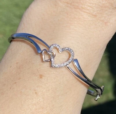 Genuine Diamond Heart bangle Bracelet Sterling Silver with 10k rose gold accent - Image 1 of 4