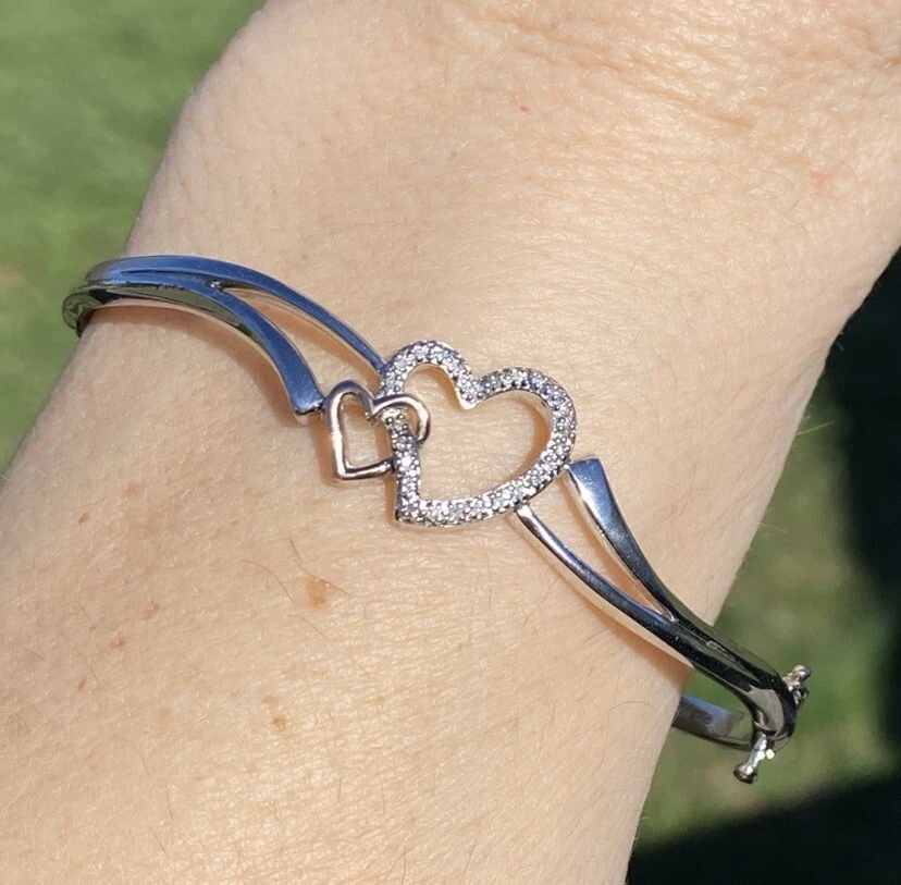 Brazalete Brazalete Corazón Diamante Genuino Plata de Ley con Acento Oro Rosa 10k Foto 1 de 4