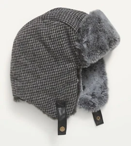 Old Navy Kids Size S/M ~ Gray Houndstooth Faux-Fur-Lined Flannel Trapper Hat - Picture 1 of 2
