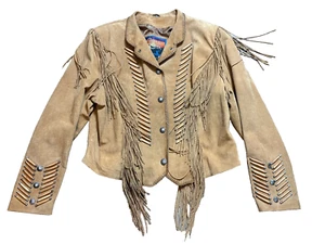 Chaqueta ajustada Cripple Creek para mujer talla XXL Western Boho con flecos 100 % cuero marrón - Imagen 1 de 6