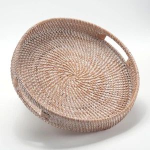 Round Rattan Serving Tray Decorative Woven Ottoman Trays with Handles for Coffee - Picture 1 of 12