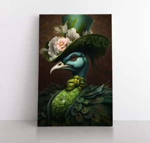 Lustiges viktorianisches Pfau Portrait Gemälde Tiere Wandbild auf gerahmter Leinwand - Bild 1 von 10