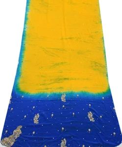 Sushila Vintage Yellow Sari Remnant Scrap Pure Crepe Hand Beaded Craft Fabric - Picture 1 of 7