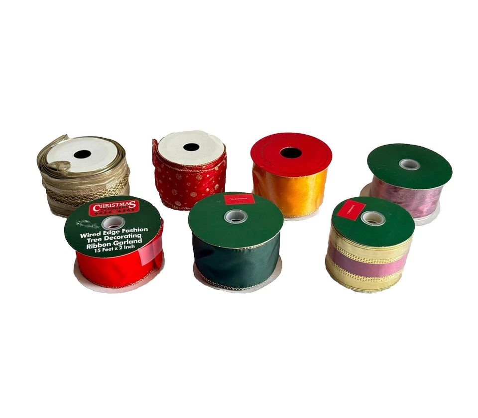 Vintage Spools Of Wire Edged Christmas Holiday Ribbon 7 Rolls 3 NOS Bow Making - Image 1 of 4