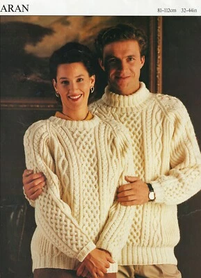 2108 MAN'S LADY'S ARAN SWEATERS 32-44" VINTAGE KNITTING PATTERN COPY - Image 1 of 2