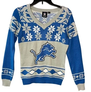 DETROIT LIONS WOMENS BLUE BIG LOGO UGLY LONG SLEEVE SWEATER Small - Picture 1 of 7