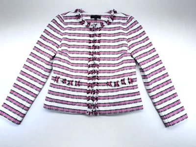Talbots Blazer Women's Pink White Stripes Fringe Lined Sz 4 Pockets Jacket EUC - Image 1 of 4