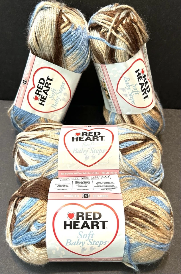 3 Skein Red Heart Soft Baby Steps Yarn Blue Earth Print 4oz Each