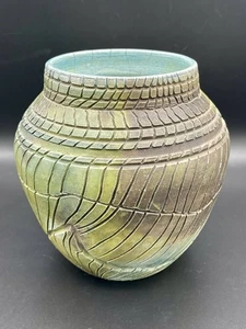 Raku Carved Design Studio Pottery Clay Pot Vase Signed Green Blue Brown - Picture 1 of 14