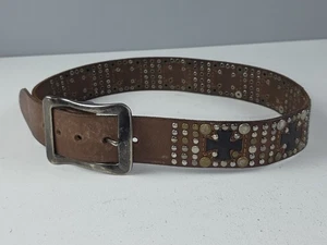 Bed Stu Brown Leather Brass Rivet Cross Belt Size 32 HTF  Unisex - Picture 1 of 16