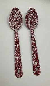 2 Serving Spoons Pierced & Solid Red Splatter/ Enamel Ware Very Nice & Clean - Picture 1 of 6
