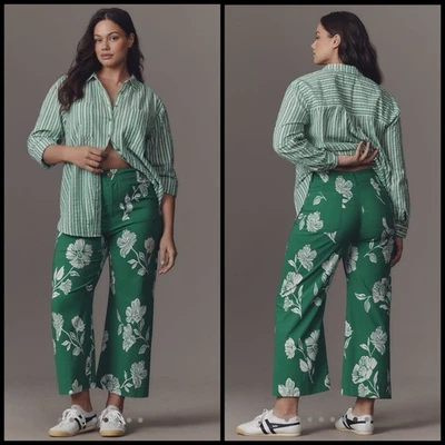 Sz 20W Anthropologie Maeve Colette Crop Wide-Leg Pant Green Floral Magic Fabric - Image 1 of 4