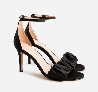 全新 J.CREW 尺码 8.5 系列 Rylie 褶皱带高跟鞋缎面黑色 $298 BV709 — 第 1/4 张图片