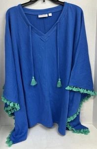 Belle by Kim Gravel Packable Take Me Away Tassel Trim Poncho Top Santorini  2X - Picture 1 of 7
