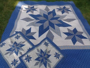PRIMITIVE Rustic FARMHOUSE COUNTRY BLUE STAR Quilt Coverlet w/Shams EUC - Picture 1 of 7