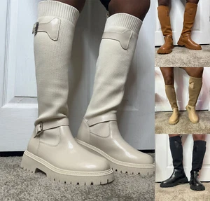 Damas Calcetín Botas Altas a la Rodilla Mujer Suela Gruesa Hebilla Becerro Zapatos de Montar Talla - Imagen 1 de 22
