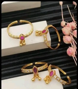 Wedding Kundan Golden Toe Ring Adjustable Bichiya Fancy Ring Cz Ethnic Jewelry - Picture 1 of 2