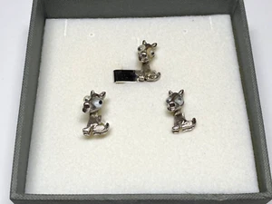 Vintage Judy-Lee Googly Moving Eye Dog Cufflinks + Tie Tack Silver Tone - Picture 1 of 4