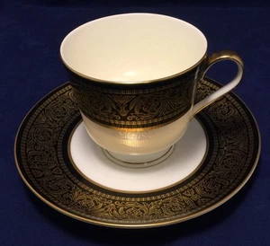 Mikasa Mount Holyoke Footed Cup & Saucer Set Gold Flowers Scrolls on Black Band - Picture 1 of 7