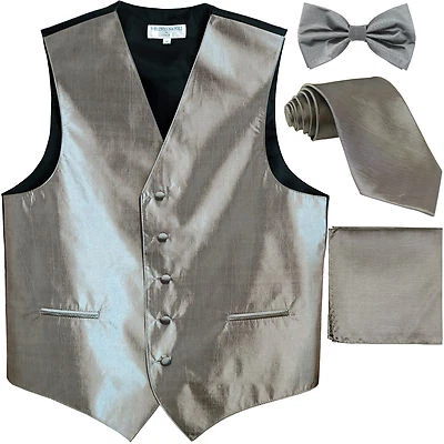 New Men's chintz Tuxedo Vest Waistcoat & necktie & Bow tie & Hankie silver gray - Image 1 of 4