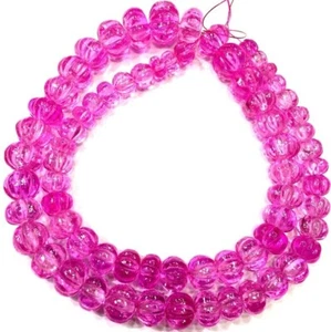 AAA+ Rare~ Pink Sapphire Melon Carved Gemstone Beads for Jewelry, 7-11mm 16 Inch - Picture 1 of 4