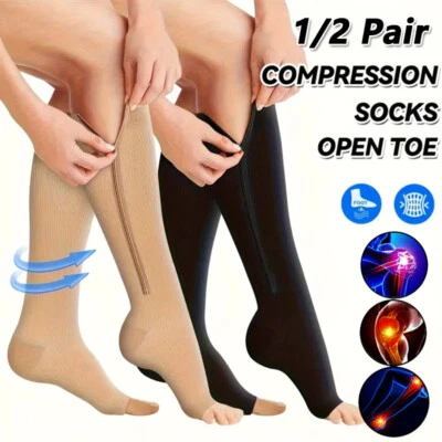 Open Toe Compression Socks Women Men 20-30mmHg Zipper Support Stockings Leg Calf - Image 1 of 4