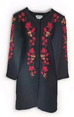 Coldwater Creek Duster Cardigan Small Black Boucle Red Floral Embroidered - Image 1 of 4