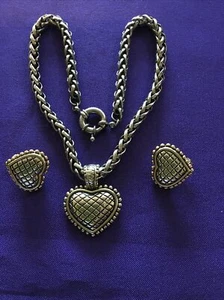 Heart-Shaped Women Jewelry Set Two Tone Earrings Necklace Set NOS - Picture 1 of 5