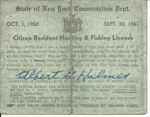 1960 - 1961 New York Citizen Resident Hunting & Fishing License - Picture 1 of 2