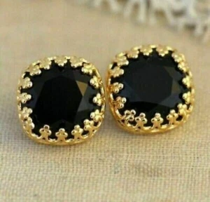 2Ct Lab Created Cushion Black Diamond Stud Earrings Solid 14K Yellow Gold Over - Picture 1 of 4
