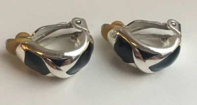 Vintage Silver Tone & Black Enameled Earrings Women's Jewelry - Image 1 of 4