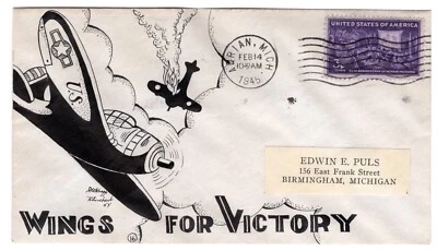 Dorothy Knapp Hand-Drawn Cachet #16 Wings for Victory  WWII Patriotic 1945 - Image 1 of 2