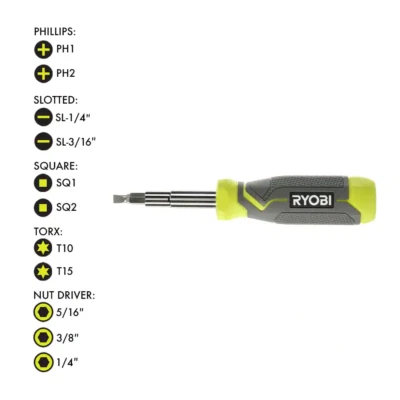 NEW Ryobi Multi-Bit 11in1 Screwdriver Cushion Grip Handle Bits and Nut Drivers