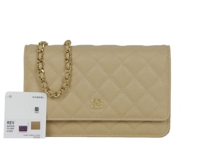 Chanel NWT Beige Quilted Caviar Leather Wallet On Chain WOC Crossbody Bag - Image 1 of 4