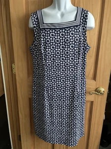 Talbots Women’s XL Square Neck Geometric Print Sleeveless Dress Navy/White - Picture 1 of 10