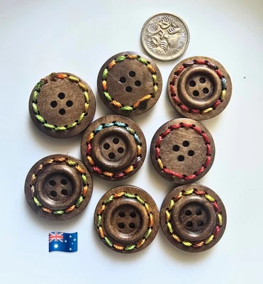 10pcs - 25mm Brown With Colourful Thread 4 Hole Wooden Buttons - Image 1 of 3