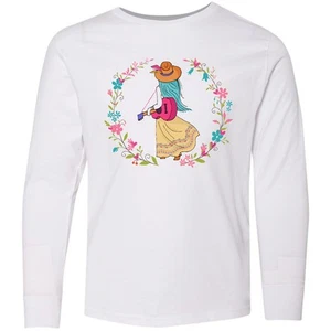 Inktastic Boho Girl With Guitar Bohemian Flower Wreath Youth Long Sleeve T-Shirt - Picture 1 of 2