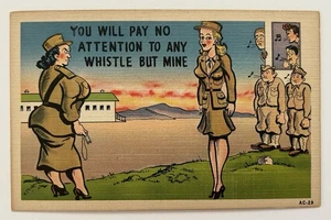 Cartolina fumetto epoca seconda guerra mondiale donne soldati caserma umorismo "fischietto ma mio" - Foto 1 di 2