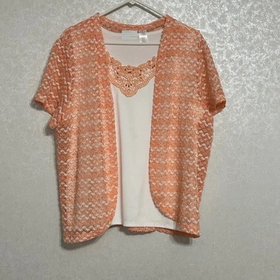 Conjunto de camiseta y camiseta sin mangas Alfred Dunner blanco melocotón tejido con cuentas escote de ganchillo talla L Foto 1 de 4