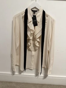 Lauren Ralph Lauren Women Ruffle Trim Georgette Tie Neck Shirt Cream Size Large - Picture 1 of 10