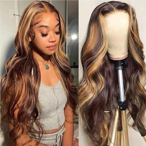 Ombre Highlight Lace Front Wigs Human Hair 13x4 Body Wave P4/27 Colored Gluel... - Picture 1 of 8
