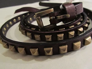 NEW ST JOHN KNIT 35" to 39" M BELT DARK BROWN STUDDED LEATHER GOLD BUCKLE THIN - Picture 1 of 11