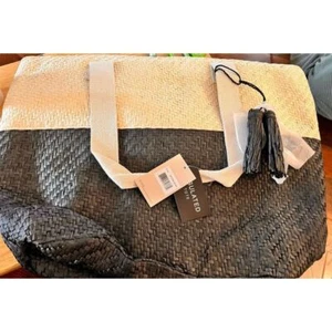 MAGID Insulated Straw  BEACH TOTE OVERSIZED NEW WITH TAGS Black Beige - Picture 1 of 4